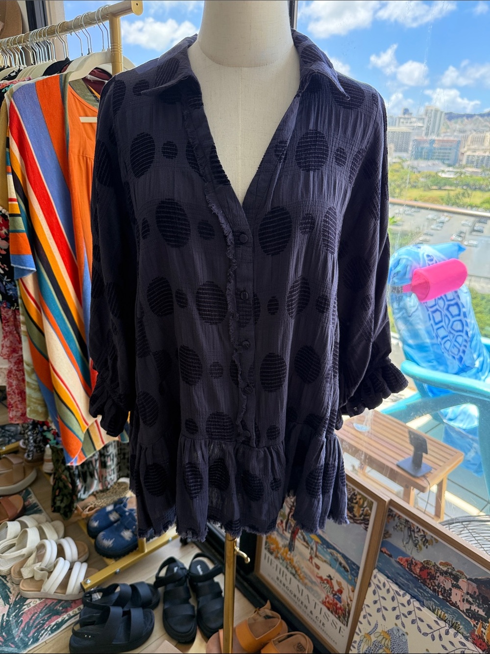 Umgee Navy Polka Dot Button-Front Tunic